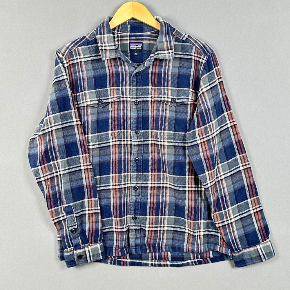 Patagonia Organic Cotton Fjord Flannel Shirt Mens Large Blue Plaid Button Front